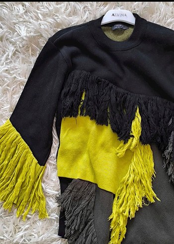 hukka püsküllü  yeşil siyah Kadın triko tunik - Görsel 3