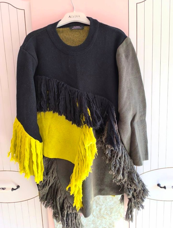 hukka püsküllü  yeşil siyah Kadın triko tunik - Görsel 5