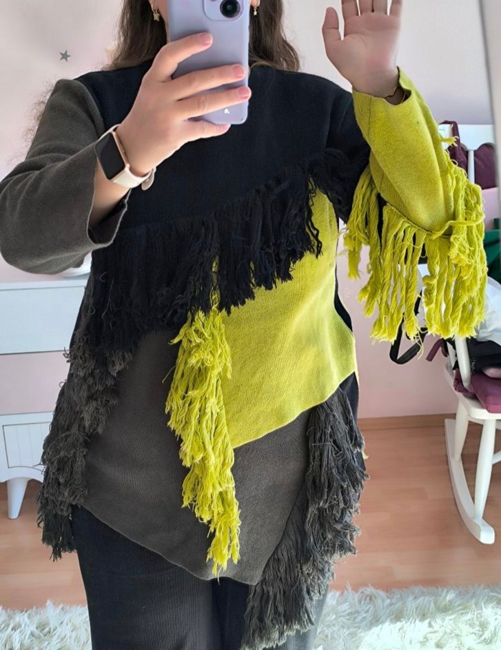 hukka püsküllü  yeşil siyah Kadın triko tunik - Görsel 2