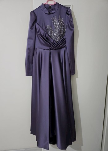 Mor Uzun Kollu İşlemeli Abiye Elbise - Görsel 3