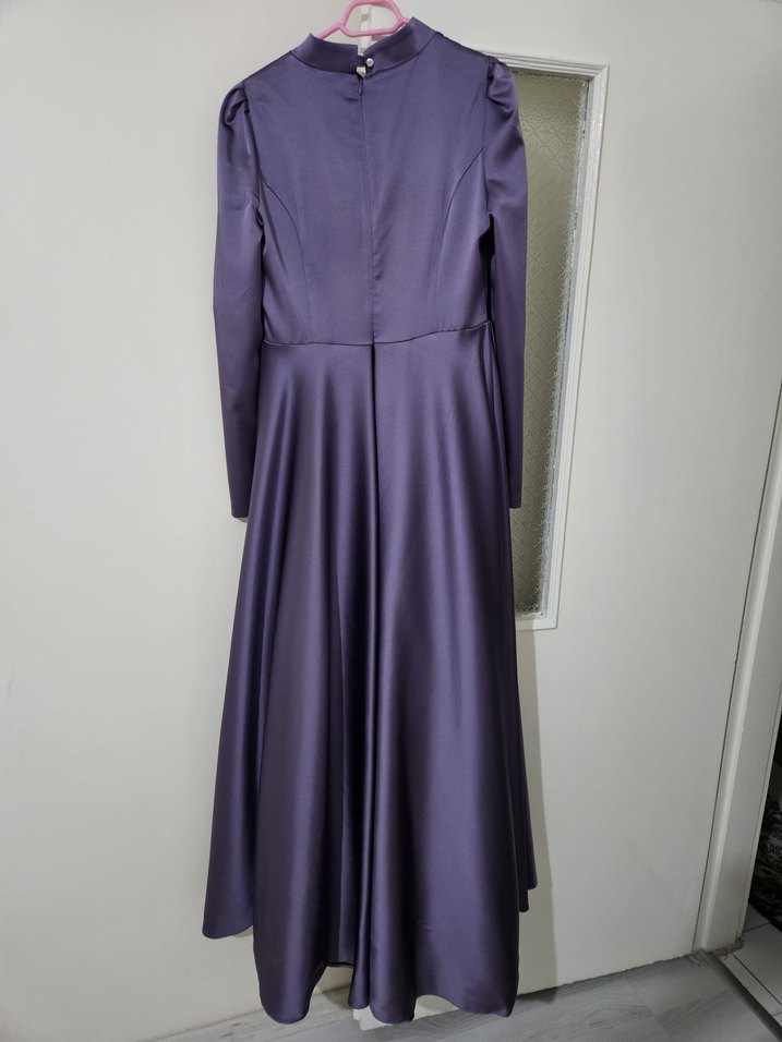 Mor Uzun Kollu İşlemeli Abiye Elbise - Görsel 4