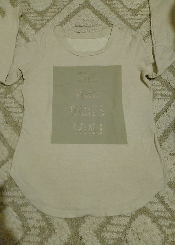 Kız Çocuk Bej Uzun Kollu Baskılı Keten Tişört - Görsel 2