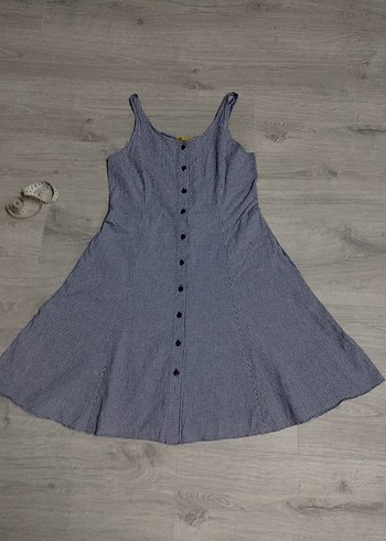 Düğmeli V Yaka Midi Keten Elbise