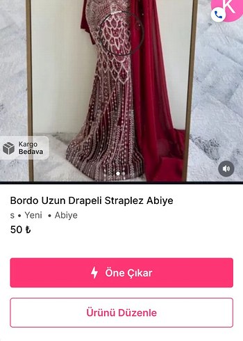Bordo Uzun Drapeli Straplez Abiye