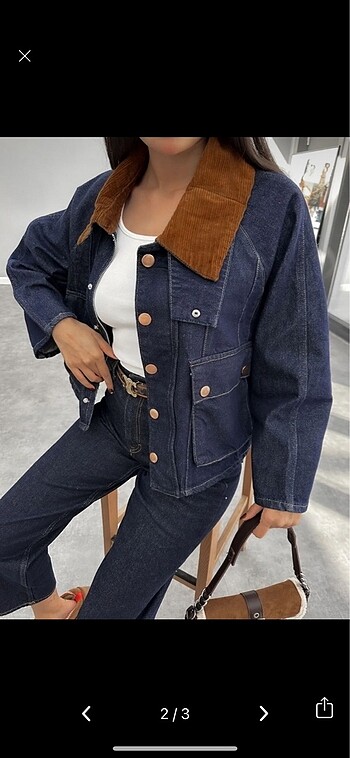Diğer Lacivert Premium Kadife Yaka Denim Ceket