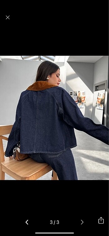 s Beden Lacivert Premium Kadife Yaka Denim Ceket