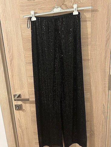 Payetli Bol Paça Pantolon Siyah