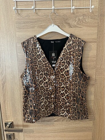 Leopar Payetli Yelek Taba
