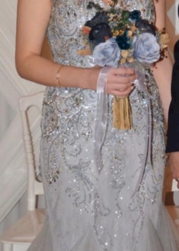 Gri  askılı boncuklu ve Uzun Abiye - Görsel 2