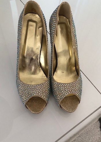Altın Renkli  taşlı Topuklu Abiye Ayakkabı - Görsel 4