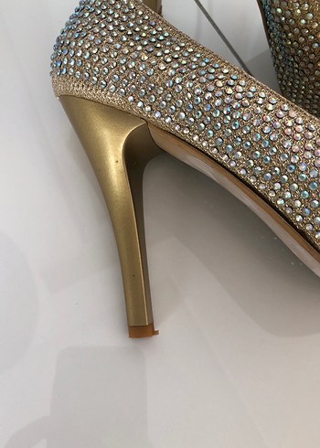 Altın Renkli  taşlı Topuklu Abiye Ayakkabı - Görsel 3