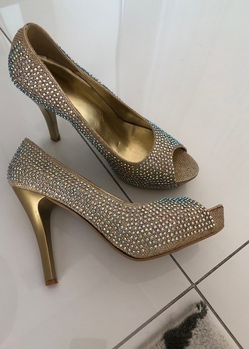 Altın Renkli  taşlı Topuklu Abiye Ayakkabı - Görsel 2