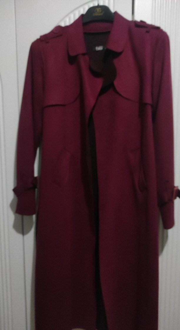 Bordo Kadın Süet Kuşaklı Uzun Trençkot - Görsel 3