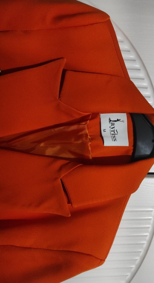 Turuncu Kadın Düğmeli Midi Blazer Ceket - Görsel 3