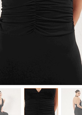 Siyah V Yaka Uzun Drapeli Elbise - Görsel 2