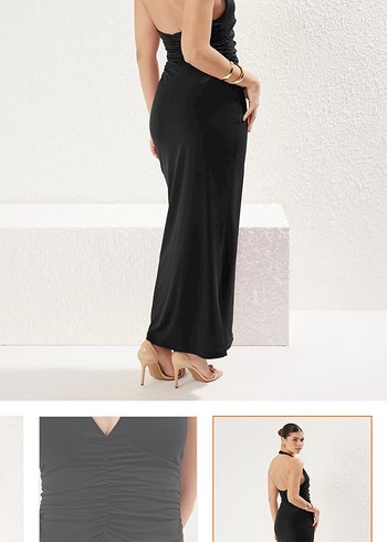 Siyah V Yaka Uzun Drapeli Elbise - Görsel 3