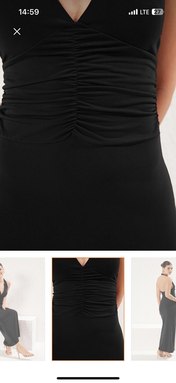 Siyah V Yaka Uzun Drapeli Elbise - Görsel 2