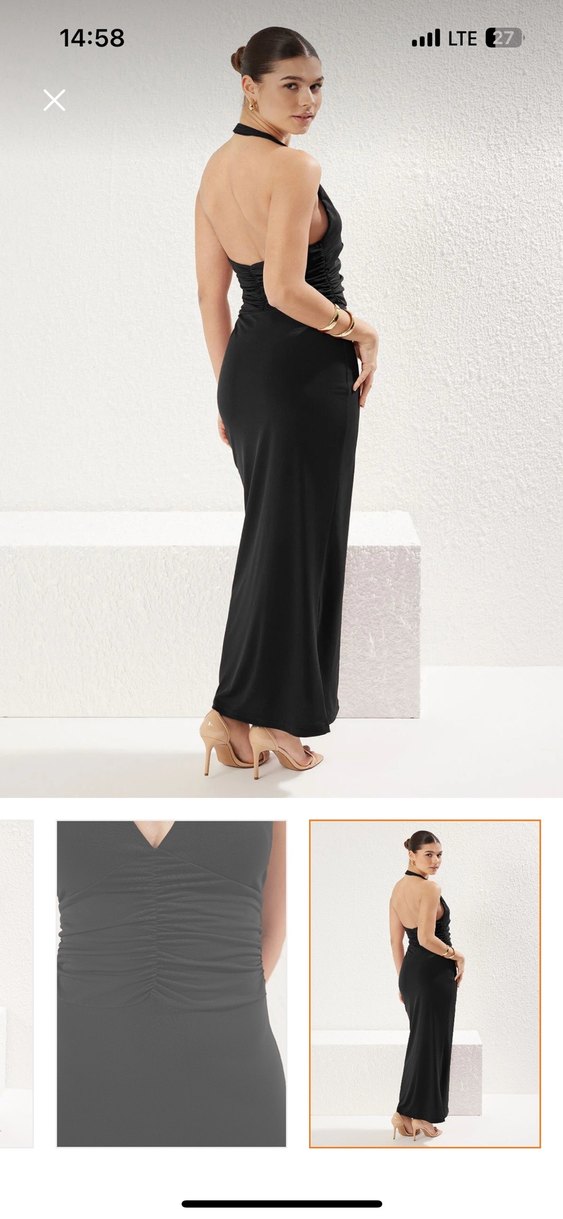 Siyah V Yaka Uzun Drapeli Elbise - Görsel 3