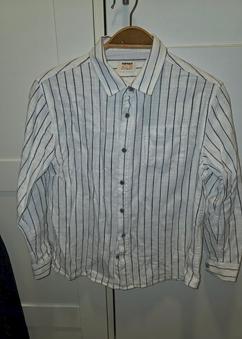 Düğmeli Çizgili Keten görünümlü pamuk Erkek Gömlek 9 10 yaş - Görsel 2