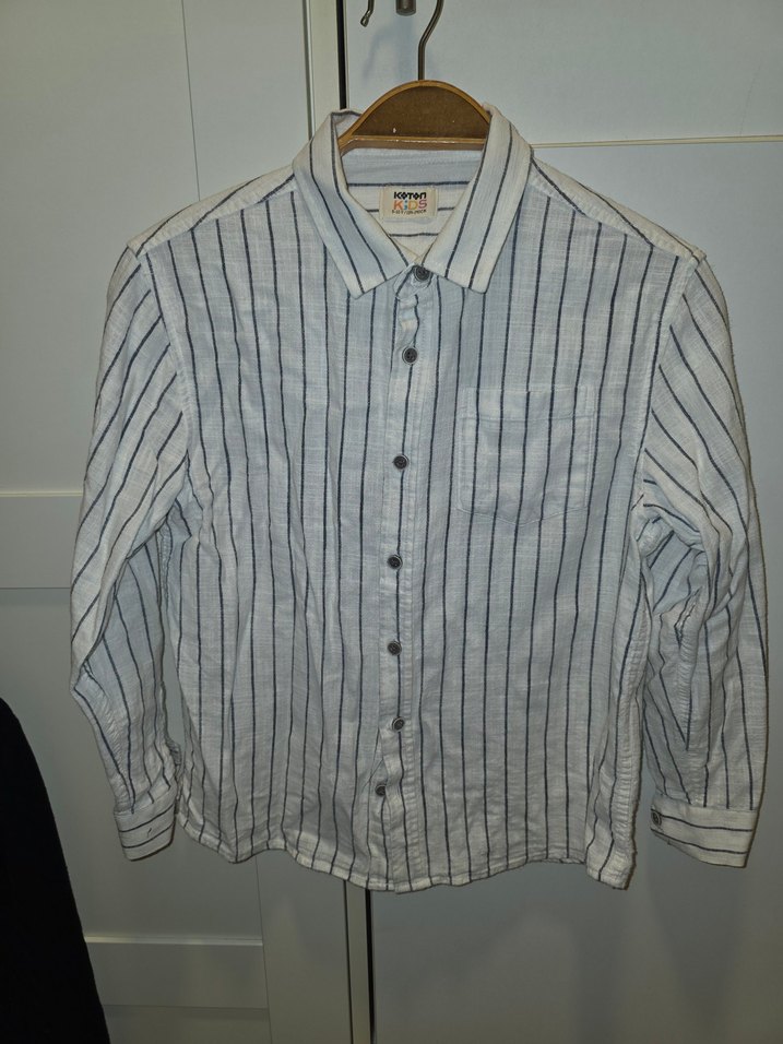 Düğmeli Çizgili Keten görünümlü pamuk Erkek Gömlek 9 10 yaş - Görsel 2