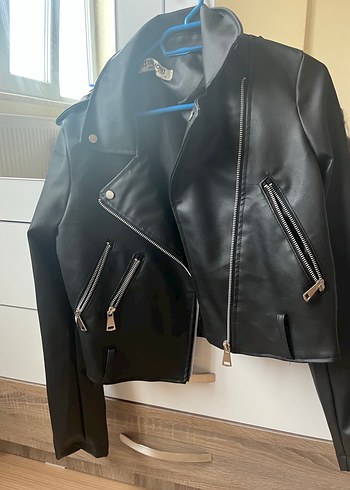 Siyah Kadın Deri Biker Ceket - Görsel 2