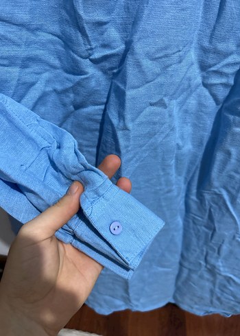 Stradivarius pamuk/keten karışımlı mavi gömlek - Görsel 3