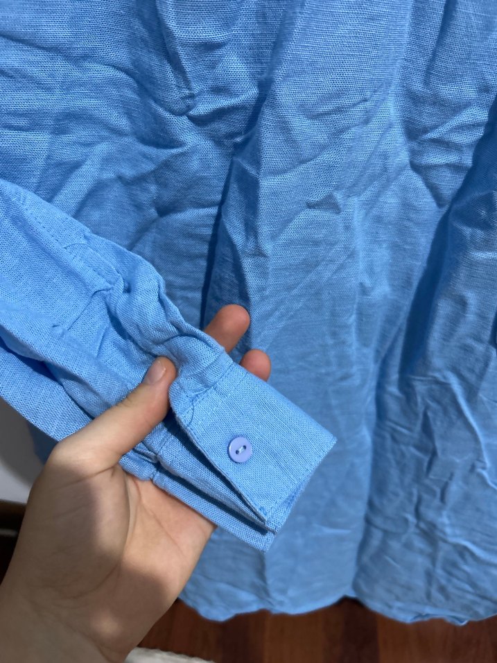 Stradivarius pamuk/keten karışımlı mavi gömlek - Görsel 3