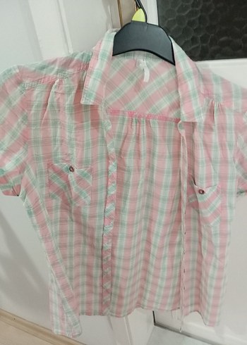 Pembe Bağlama Desenli Kısa Kollu Gömlek