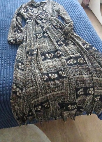 Gri Desenli Bohem Uzun Elbise şifon - Görsel 3