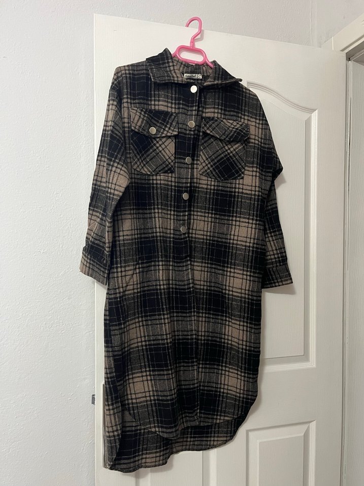 Düğmeli Uzun Kahverengi Ekose Kadın Gömlek - Görsel 2