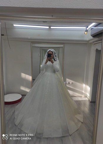 Uzun Kollu Yüksek Yakalı Beyaz Prenses Gelinlik - Görsel 4