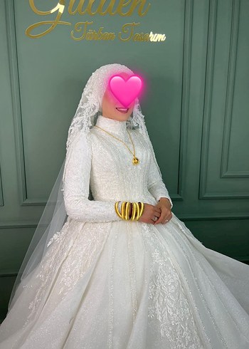 Uzun Kollu Yüksek Yakalı Beyaz Prenses Gelinlik - Görsel 2