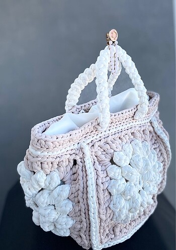 Beden Crochet Bag | Mocha Flower | Tığişi Çanta| Penye İp Çanta | Kahv