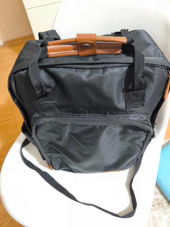 kahverengi deri detaylı siyah anne bebek çok amaçlı çanta - Görsel 3