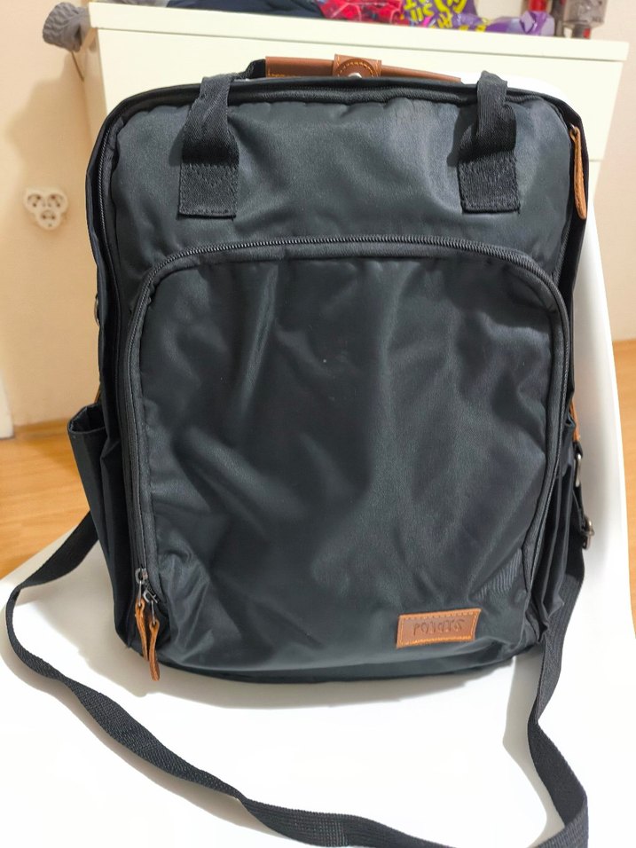 kahverengi deri detaylı siyah anne bebek çok amaçlı çanta - Görsel 5