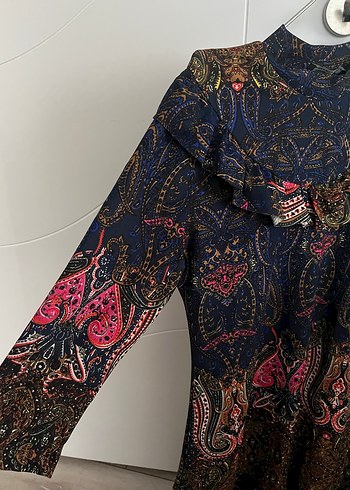 Uzun Kollu, Fırfırlı Bohem Desenli Elbise - Görsel 3