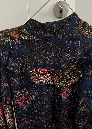 Uzun Kollu, Fırfırlı Bohem Desenli Elbise - Görsel 2