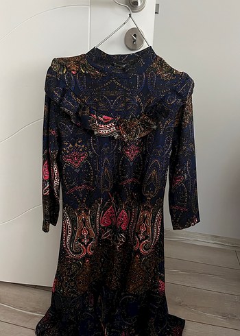 Uzun Kollu, Fırfırlı Bohem Desenli Elbise - Görsel 4