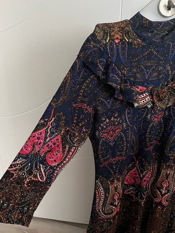 Uzun Kollu, Fırfırlı Bohem Desenli Elbise - Görsel 3