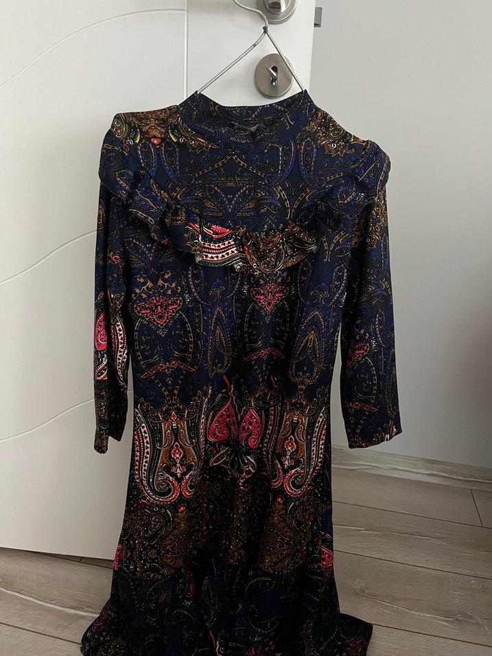 Uzun Kollu, Fırfırlı Bohem Desenli Elbise - Görsel 4