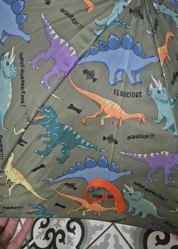Fermuarlı Çok Renkli Dinozor Desenli Şemsiye - Görsel 2
