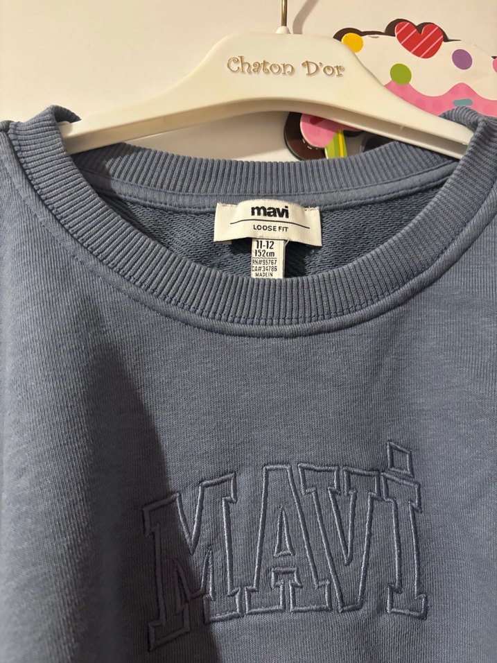 Gri Mavi Nakışlı Oversize Sweatshirt - Görsel 2