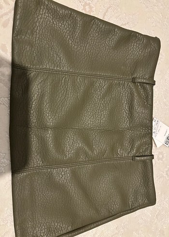 Fermuarlı Haki Deri Mini Etek - Görsel 2