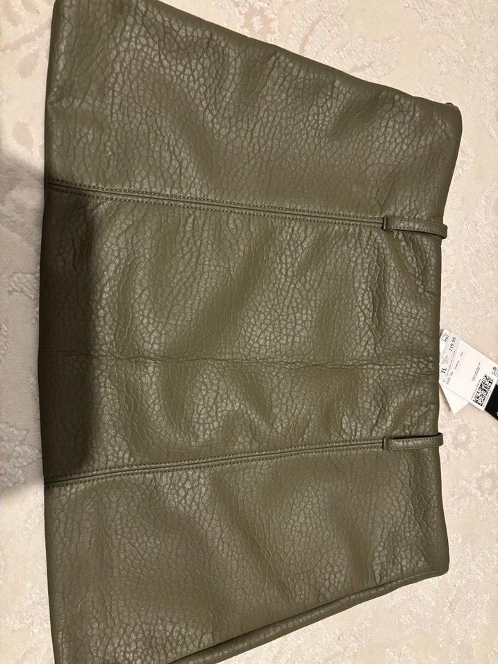 Fermuarlı Haki Deri Mini Etek - Görsel 2