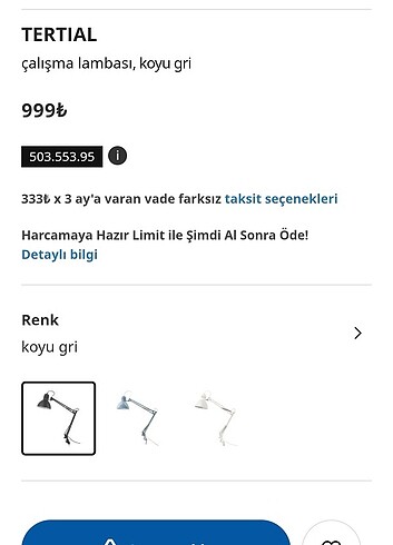 Beden İkea Tertıal Çalışma Lambası Gri Renk (2 Adet)
