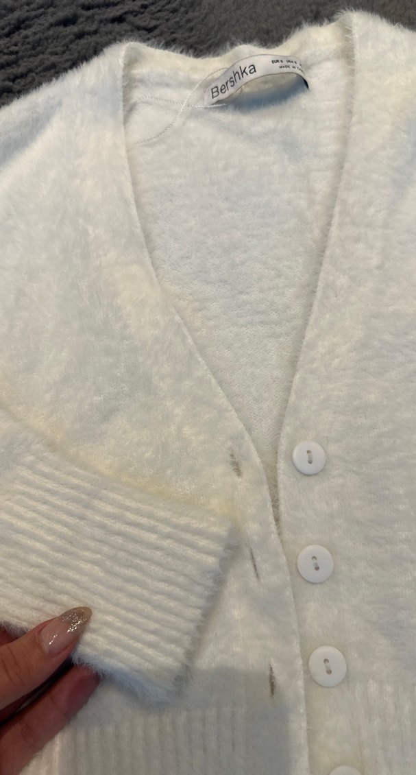 Beyaz (ekru) pofuduk V Yakalı Örgü Kadın Hırka - Görsel 3