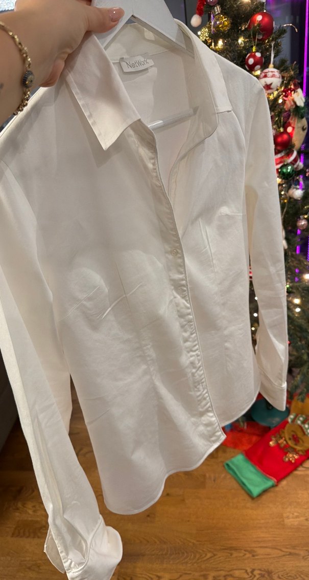 Düğmeli ekru Pamuklu Gömlek - Görsel 3