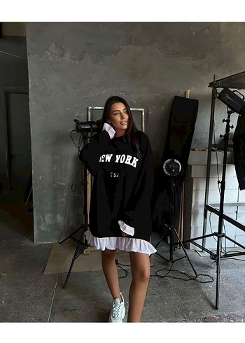 Diğer Kadın Siyah Pamuklu Mini Sweatshirt