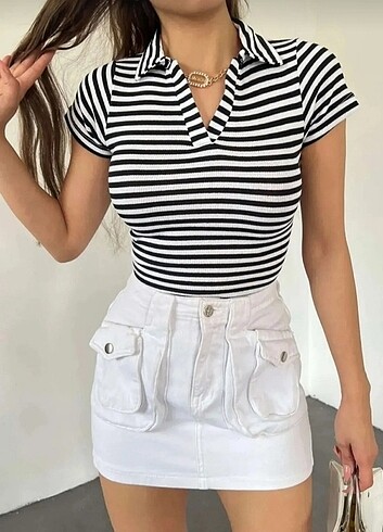 Kısa kollu çizgili crop