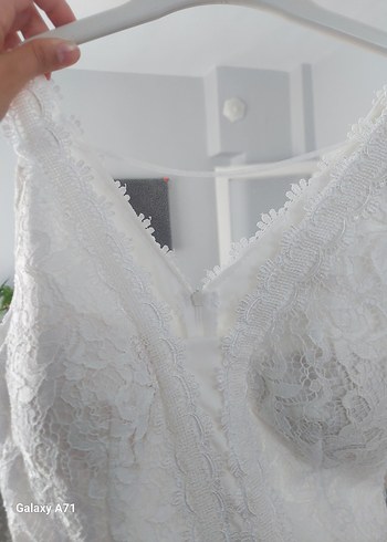 V Yaka Dantelli Midi Beyaz Gelinlik - Görsel 10